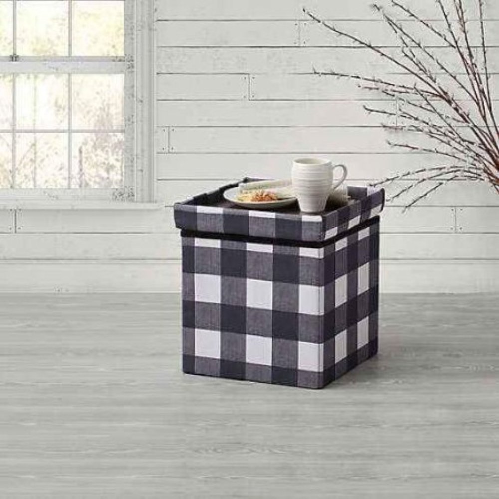 Bee & Willow Home™ Linen Upholstered Plaid Ottoman in Black